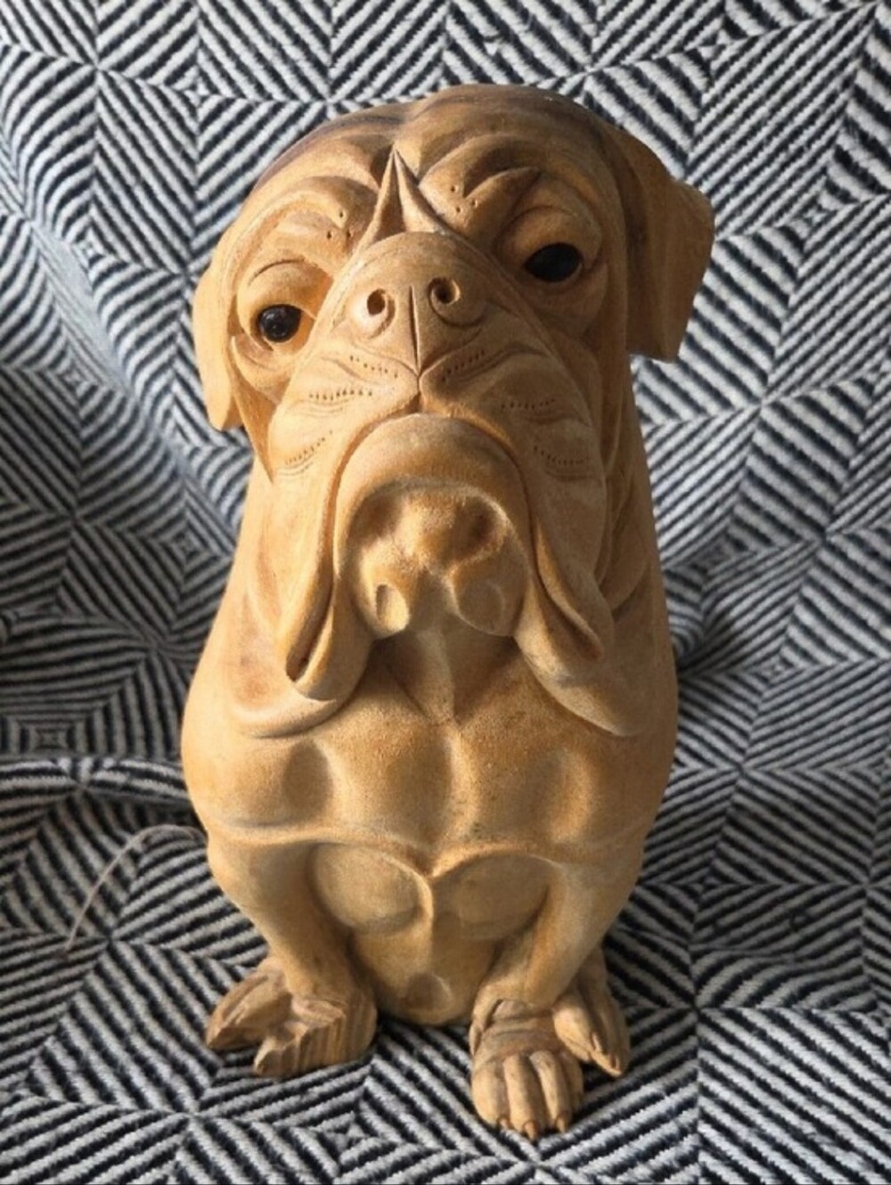 Large Hand-Carved Solid Wood English Bulldog Statue (~12")